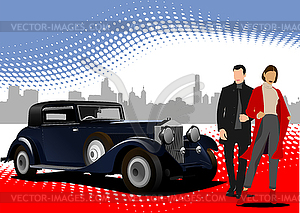 Old car with businessmen couple - vector clip art