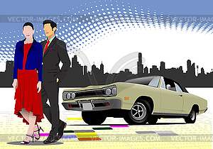 Old car with young couple - vector image