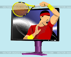 Tennis player into monitor. Colored for desi - vector image