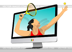 Tennis player into monitor. Colored for desi - vector clipart
