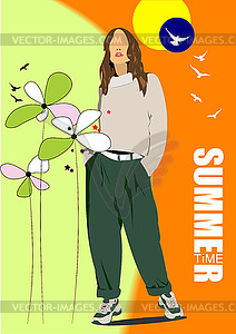 Flower summer background with girl image - vector clip art