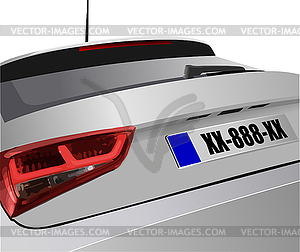 Автомобиль седан вид сзади с изображением государственного номера - векторное изображение
