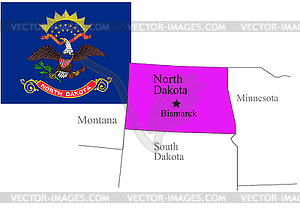 Государственный флаг Северной Дакоты США и карта, вектор - векторная иллюстрация