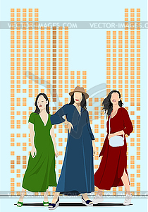 Three fashion women on downtown background. Vector - vector clipart