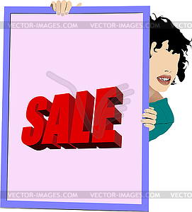 Girl with sale n board. Vector 3d illustration - vector clipart