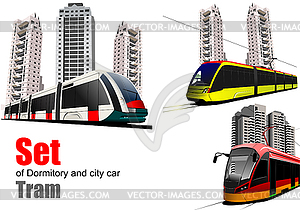 Set of Dormitory and city car. Tram. Vector 3d - vector clip art