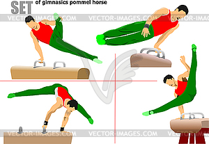 Set of Man gymnast exercises.  Pommel horse. 3d - vector image