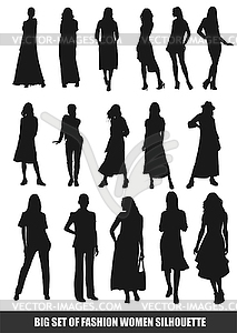 Big set of fashion women silhouette. B&W vector - vector clip art