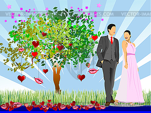 Decorative Valentine`s Day tree with hearts, lips, - vector image