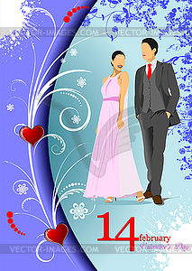 Decorative Valentine`s Day  with bride and groom - vector clipart