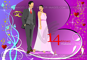 Decorative Valentine`s Day  with bride and groom - vector image