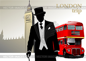 London trip poster with double Decker bus and - vector image