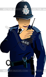 London Policeman speaking walkie-talkie radio. - vector image