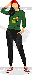 Young athlete  woman in green-black  sports suit. - vector clip art