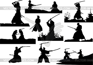 Samurai with the sword. Vector B&W illustration - royalty-free vector image