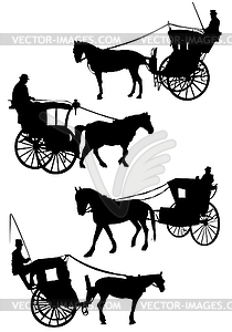 B&W silhouette of Old London horse cab with - vector clipart