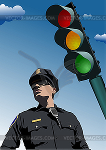 A police officer and traffic light on sky - vector clipart