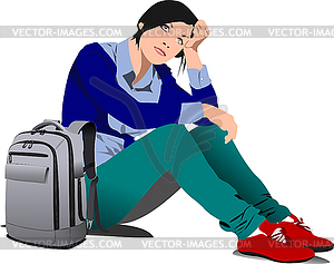 Schoolgirl sitting and thinking. Back to school. - vector image