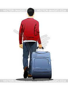 Man with suitcase going to train. Vector 3d - vector image