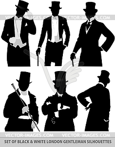 Set of London gentlemen silhouette. B&W vector - vector clip art