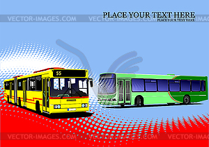 Два городских автобуса на дороге. Векторная иллюстрация 3d - цветной векторный клипарт
