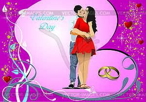 Valentine`s Day  with kissinr couple. Vector Color - vector image