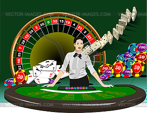 Стол для блэкджек и элементы казино с женщиной - векторный клипарт EPS