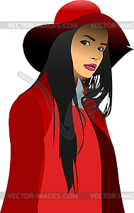 Portrait of young lady with red hat - vector clipart