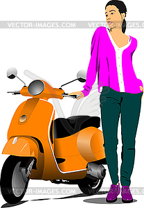 Orange city scooter and fashion girl - vector image