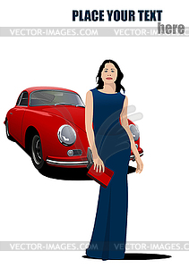 Red car on road with woman image - vector clip art