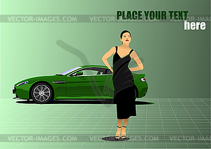 Молодая женщина и зеленый автомобиль седан - цветной векторный клипарт