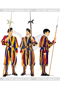 Three Swiss Guards of Vatican City - royalty-free vector clipart