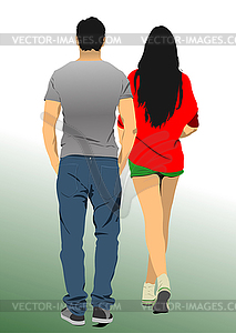 Couple of young people walking on road - vector clipart