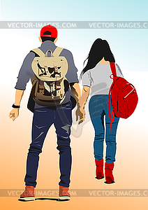 Young walking couple with packsack - vector clipart