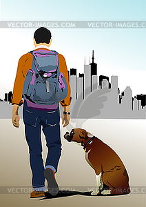 Young man with dog on city background  - vector image