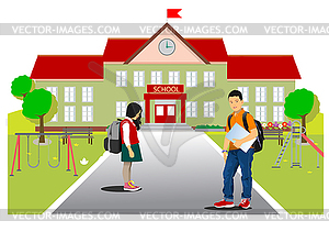 “Back to school” with schoolboy and schoolgirl image - vector image