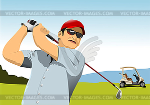 Golf club background with golfer and electric car - vector clipart