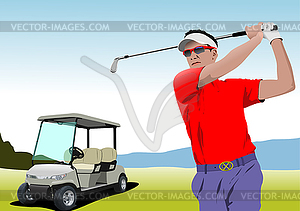 Electrical golf car on golf field background and - royalty-free vector clipart