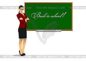 Strict teacher in eyeglasses at blackboard - vector clip art