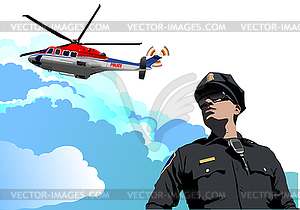 Police helicopter on sky background and policeman - vector image