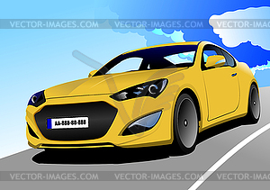 Yellow sedan car on road - vector clip art