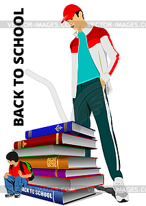 Back to school with schoolboy, stack of books and - vector clipart