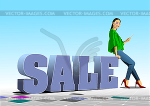 3D sale image with images of young girl - stock vector clipart