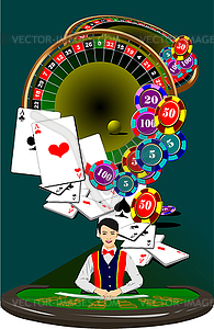 Roulette table and casino elements with Croupier - vector clipart