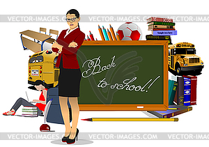 Big set of “Back to school” with desk and school te - vector clipart