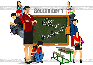 Big set of “Back to school” with desk, school chi - vector image