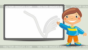 Cute Cartoon Boy Standing Near Blackboard - vector clipart