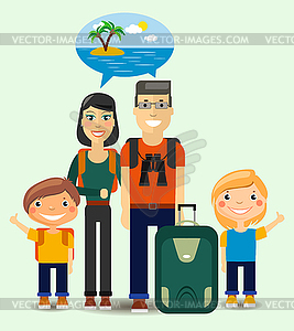 Family of Travelers dreaming about sunny beach - vector clipart