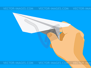 Child hand with paper plane - vector clip art
