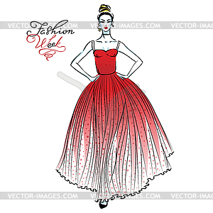 Fashionable girl in red dress - vector image
